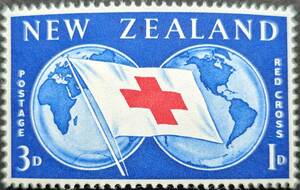 [ foreign stamp ] New Zealand 1959 year 06 month 03 day issue red 10 character unused 