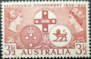【外国切手】 オーストラリア 1956年09月26日 発行 ニューサウスウェールズ州、ビクトリア州、タスマニア州の責任ある政府樹立100周 未使用