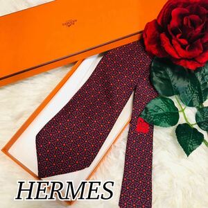 HERMES エルメス メンズ 男性 紳士 ネクタイ ブランドネクタイ 総柄 赤 紺 レッド ネイビー 結婚式 ビジネス 美品 剣先 9.5cm