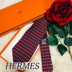 HERMES エルメス メンズ 男性 紳士 ネクタイ ブランドネクタイ 総柄 赤 紺 レッド ネイビー 結婚式 ビジネス 二次会 美品 剣先 9cm