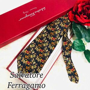 Salvatore Ferragamo サルヴァトーレフェラガモ メンズ 男性 紳士 ネクタイ 総柄 動物 ウマ うま 馬 ネイビー 紺 美品 剣先 9.5cm