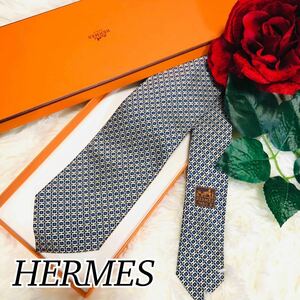 HERMES エルメス メンズ 男性 紳士 ネクタイ ブランドネクタイ 総柄 ネイビー 紺色 紺 水色 アイボリー シンプル ビジネス 結婚式 剣先 8cm