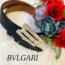 BVLGARI ブルガリ ベルト ロゴ刻印バックル シルバー金具 黒 ブラック レザー 革ベルト お洒落 老舗 ブランドベルト 美品 102×2.8cm_画像1