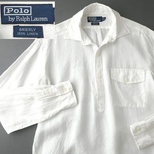 希少◎90s ラルフローレン リネンシャツ 麻100％ ハーフボタン/プルオーバー/フラップポケット ホワイト(M) POLO RalphLauren