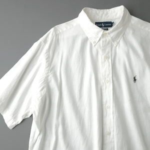 ラルフローレン リネンコットン ボタンダウンシャツ 麻綿 ポニー刺繍 ホワイト(XL)