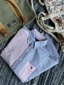  как новый обычная цена 19,800 иен RALPH LAUREN Ralph Lauren футбол ткань карман есть полоса воротник кнопка down рубашка с коротким рукавом sizeM(175/96A) стандартный 