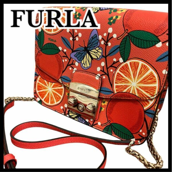 FURLA レザー ショルダーバッグ メトロポリス オレンジプリント 希少