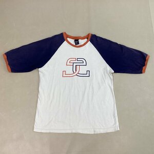 ■90s 紺タグ USA製 STUSSY ステューシー 両面プリントTシャツ 綿 old オールド ラグラン リンガー メンズ サイズS 白xネイビー/0.24kg■