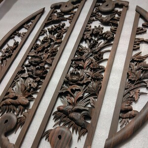 [ postage included ] ebony ... carving decoration board 4 pieces set control number (1614) dead stock wooden sculpture cloth finish 