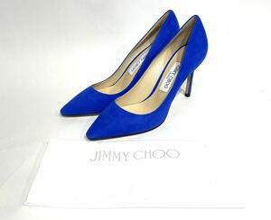 bk-854 JIMMY CHOO ジミーチュウ ポインテッドトゥ スエード パンプス レディース 38 1/2/25.5cm相当 ブルー 青 ピンヒール 靴 (N402-1)