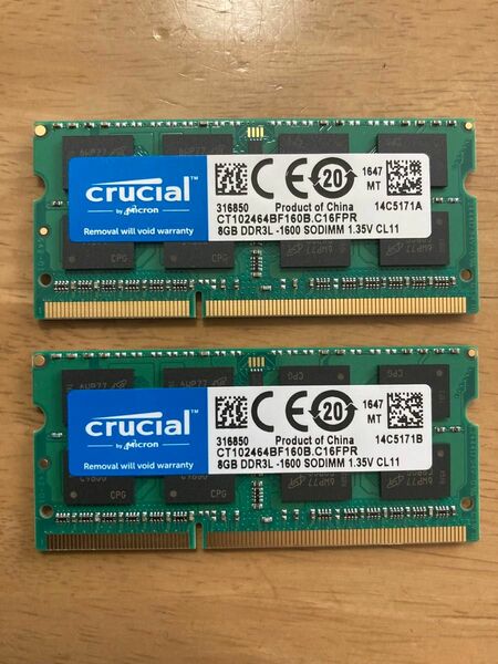 crucial ノートパソコン用メモリー　DDR3L 8GB×2枚　計16GB 動作確認済