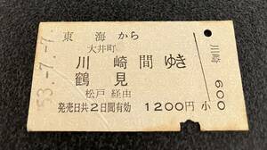 国鉄 硬券　乗車券　東海から大井町川崎鶴見間ゆき　松戸経由　昭和53年