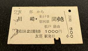 国鉄 硬券 乗車券 友部から川崎・保土ヶ谷宿河原間ゆき　松戸経由　昭和53年