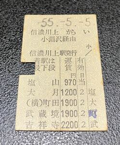 国鉄 硬券 縦型乗車券　信濃川上駅発行　昭和55年5月5日