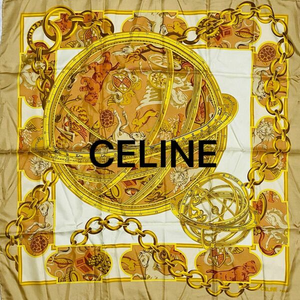 ★CELINE★ スカーフ 大判 天球儀 動物 チェーン シルク ベージュ