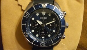 23 year 8 month buy / operation middle / box / written guarantee / manual * clean *SEIKO PROSPEX*V192-0AD0/SBDL063* chronograph solar Divers watch wristwatch navy blue / navy 