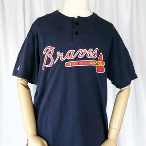 M相当/majestic マジェスティック アトランタブレーブス Atlanta Braves ヘンリーネック 半袖Tシャツ MLB 野球 古着【1000円スタート】