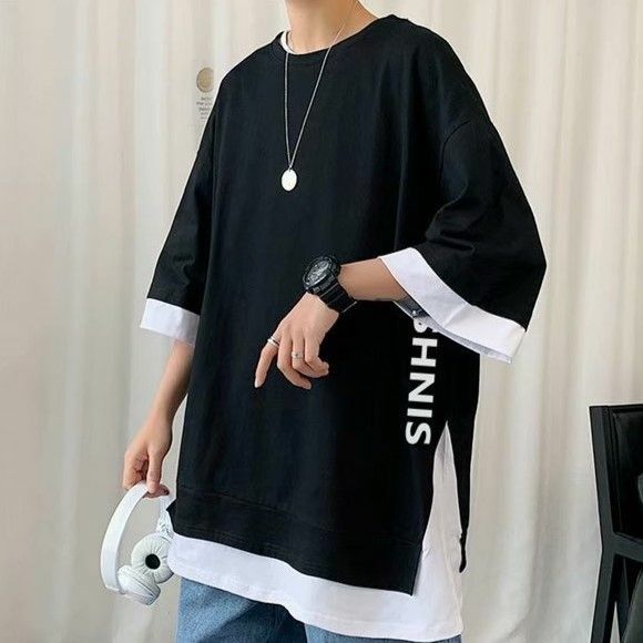 【数量わずか♪】カジュアル　ロゴ　レイヤード　Tシャツ　ユニセックス　大きめ　ゆったり　トップス　韓国　ブラック　 黒　半袖