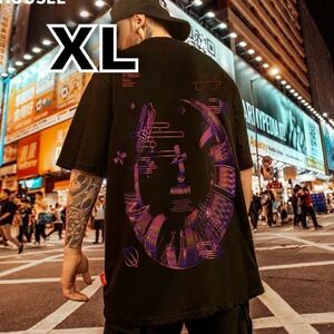 【大人気】XL 半袖 ストリート Tシャツ 黒 オーバーサイズ ネオン