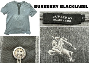 希少バーバリーBURBERRY BLACKLABEL★刺繍入り半袖ヘンリーネックTシャツ★チャコール★２