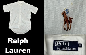 希少ラルフローレンRalphLauren刺繍入り半袖ボタンダウンシャツ★オックスフォード★ホワイト★M