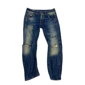 G-STAR RAW（26）デニムパンツ　変形デニム　ダメージ加工　ウォッシュド加工　インディゴブルー　革パッチ　テーパード　RAW3301