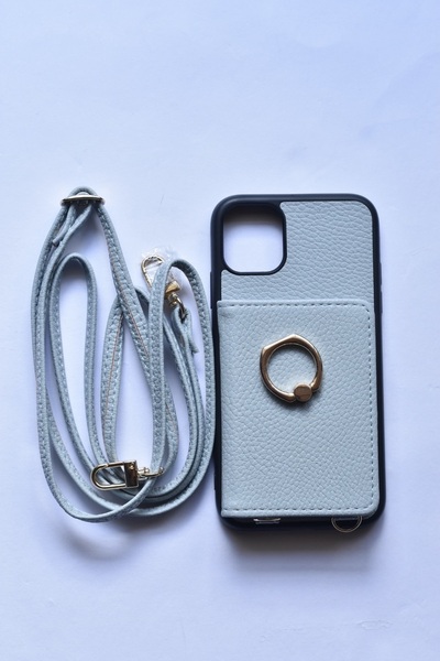 iPhone11ケース ショルダー アイフォン 11 スマホケース 背面 財布型 カード収納 リング付きケース 手帳 首掛け 肩掛け ブルー/862