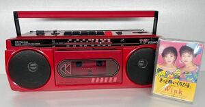  Showa Retro unused radio-cassette fea Mate cassette recorder operation verification settled beautiful goods red color rare box attaching instructions attaching 1 jpy start 