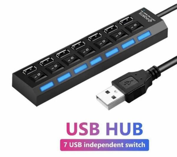 USB 7ポート ハブ 黒 コンパクト 充電器 スイッチ 増設 HUB