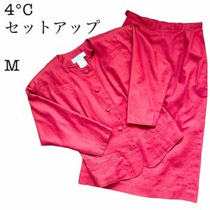 4℃ ヨンドシー スーツセットアップ ジャケット スカート 上下セット レッド 赤色 Mサイズ 昭和 80's 訳あり 古着 