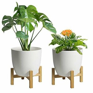 【お買い得品】 給水プランター 観葉植物鉢 花鉢 プラスチック T4U 給水鉢 2個セット 植木鉢 6号鉢 竹製スタンド付き 底