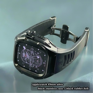 アップルウォッチ ブラック ステンレス ケース ブラック ラバー ベルト applewatch 49mm ウルトラ用　ゴールデンコンセプト