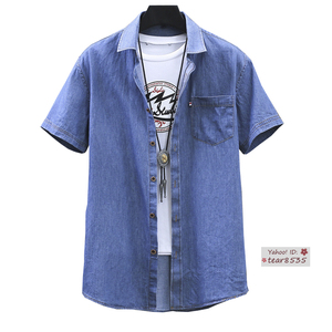 新品◆デニムサマーシャツ メンズ アロハ系ワイド ビジネスシャツ 無地 シンプル【ブルー、ダークブルー選択可】4XL
