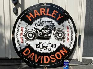 ビンテージ 大型 看板 Harley Davidson ハーレーダビッドソン 直径76cm / ホーロー看板 アンティーク アメリカ 世田谷ベース