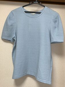 GU タックスリーブ　Tシャツ 半袖　カットソー　xl ギンガムチェック　水色　ブルー