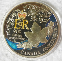 カナダ コレクションコイン エリザベス女王誕生90周年 記念金メダル カラー 1oz 1オンス 24金メッキ メイプルリーフ（検 金貨_画像1
