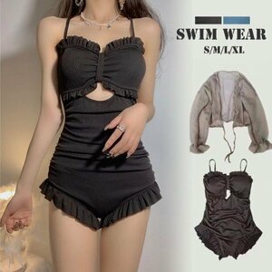  lady's One-piece swimsuit frill swimsuit back see .sia- shirt feather woven casual S [ blue ( swimsuit )]