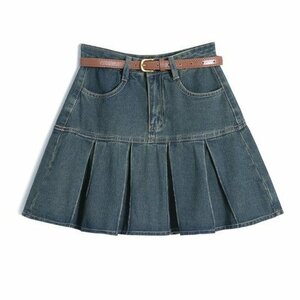  slim A line miniskirt pleated skirt casual Denim skirt L blue 