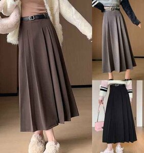 длинная юбка высокий талия оборка низ casual одноцветный простой симпатичный осень-зима XL Brown 