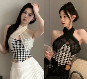 全2色 タンクトップ ベスト ジレ ショート丈 セクシー 千鳥柄 sweet系 フリー ベージュ