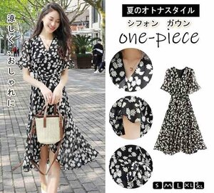 シフォン ガウン ラップ ワンピース ドレス 花柄 Vネック リボン ロング丈 2XL 花柄