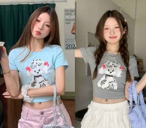 全2色 半袖Ｔシャツ 犬 ドッグ プリント ショート丈 シンプル フリー グレー