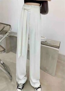 ワイドパンツ 蝶ネクタイ スーツパンツ 薄手 ハイウエスト ロングパンツ 大きいサイズあり M ホワイト
