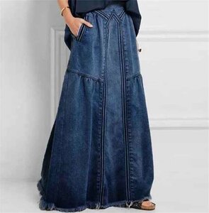 デニムスカート マキシ丈 カジュアル シンプル かわいい 無地 ゆったり ウエスト伸縮あり 大きいサイズあり 3XL ブラック