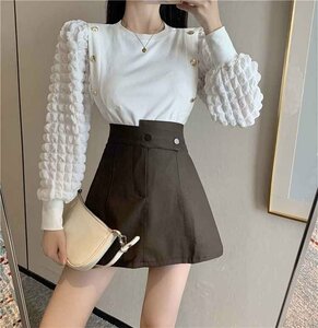  adult clean lantern sleeve A line miniskirt long sleeve tops S Brown ( skirt )