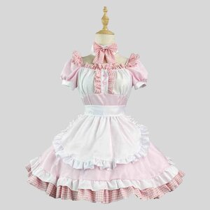 S～6L大きいサイズ★可愛いチエック柄切替コスプレ レース切替メイド服 エプロン 4set 6L ピンク