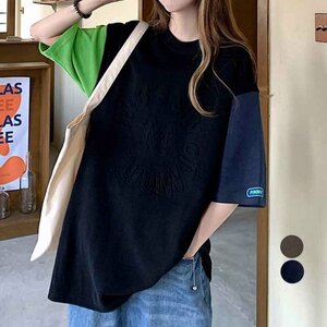 立体ロゴ ｔシャツ 配色チュニックロンT L グレー