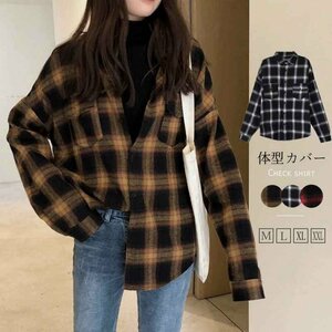 チェックシャツ レディース ネルシャツ ブラウス 長袖 シャツ カジュアル XL レッド