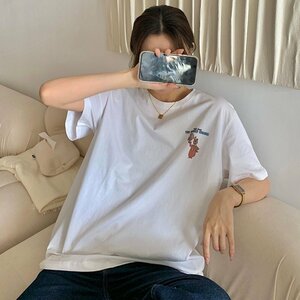 トップス Tシャツ ゆるい コットン レディース 韓国ファッション 半袖 M ホワイト