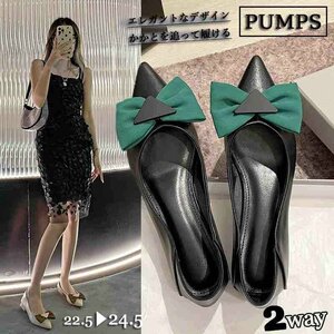  lady's pumps Flat heel ..... ribbon po Inte dotu2way feeling of luxury 38 black 